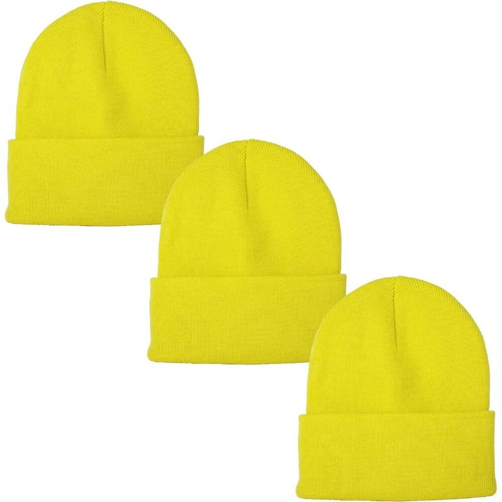 Yellow Beanie Cap Knitted Warm Solid Color Wool Cuff